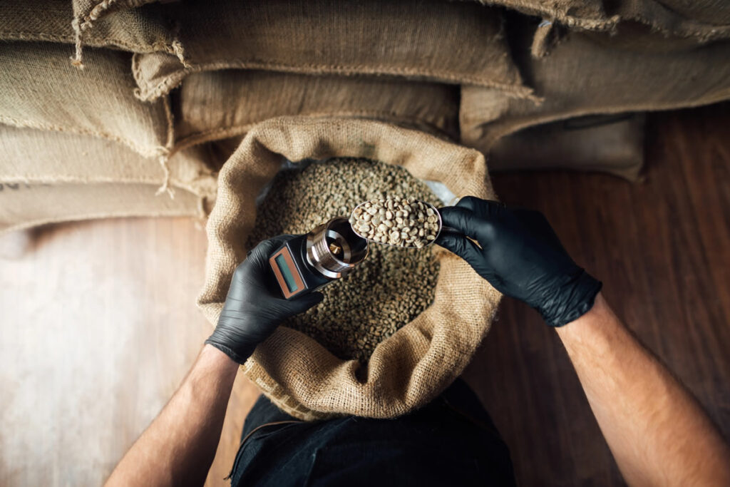 Homem manipulando grãos de café