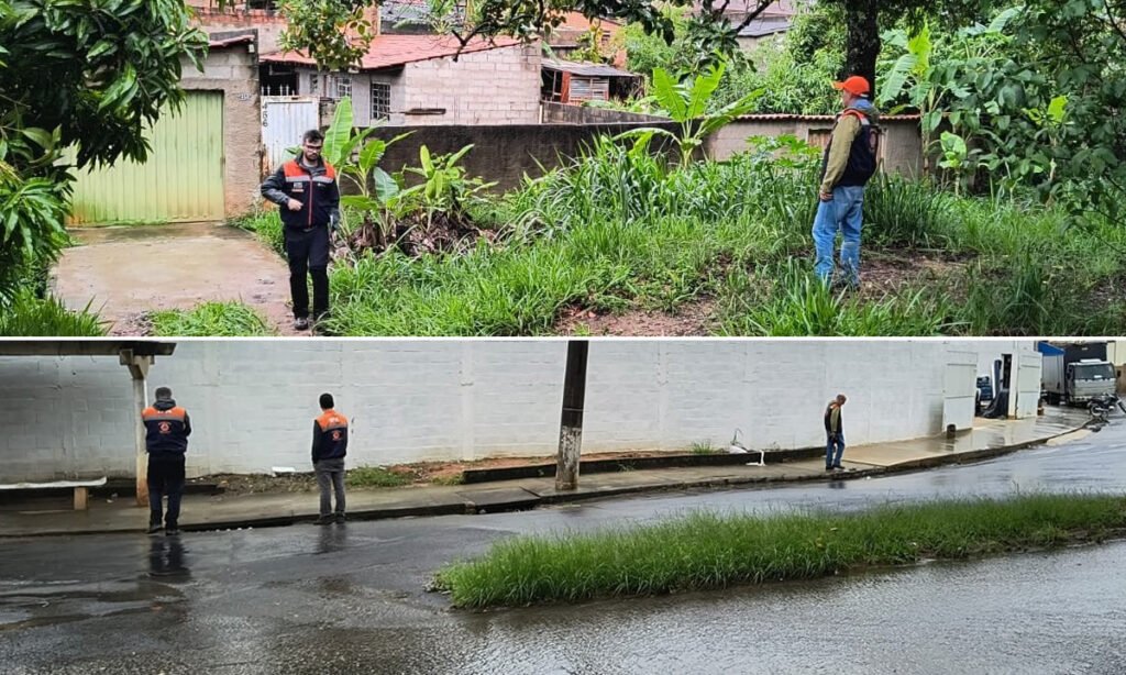 Foto exibe membros da Defesa Civil visitando áreas de risco em Espírito Santo do Pinhal