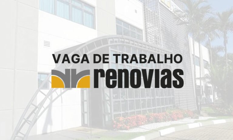 Foto exibe seda da Renovias de fundo com logo da Renovias e texto escrito acima "Vaga de Trabalho"