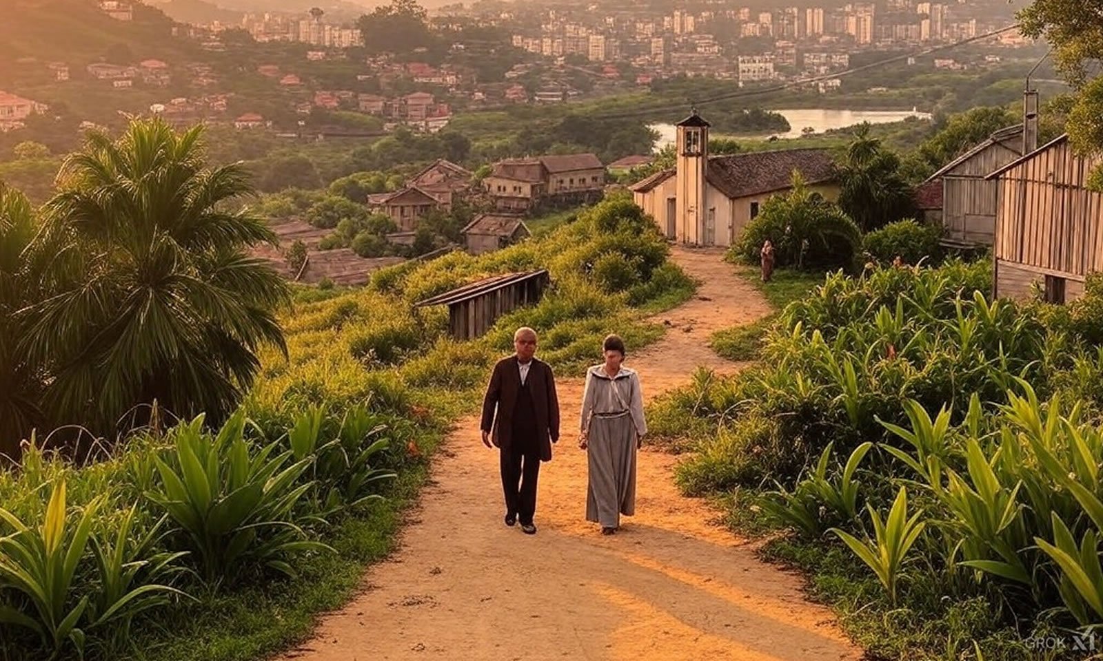 Imagem exibe cidade brasileira antiga e um casal no caminho de terra.