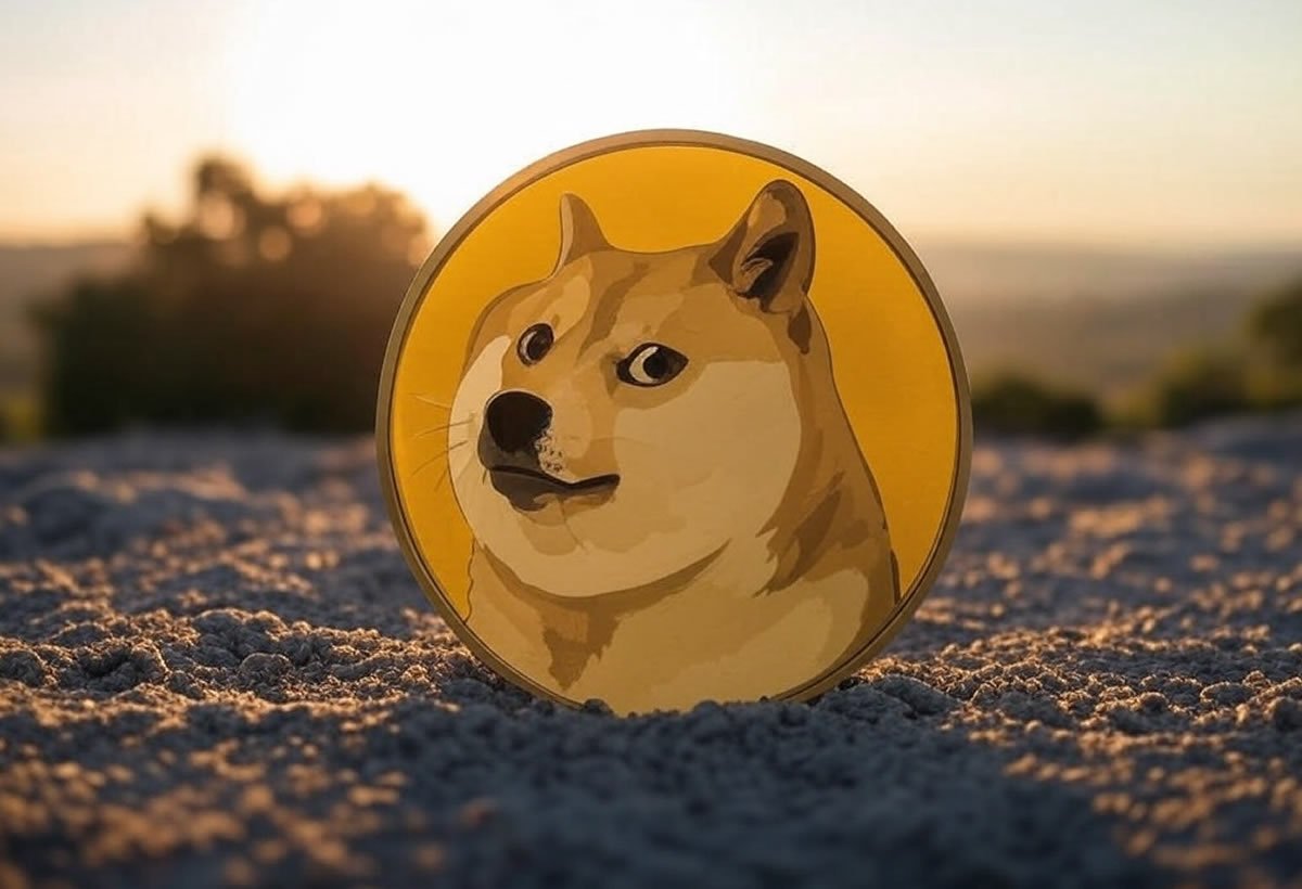 Moeda Dogecoin enterrada na areia no por do sol