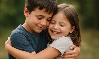 menino e menina irmaos se abracando