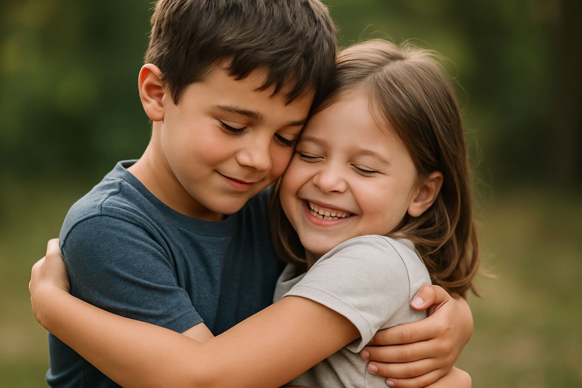 menino e menina irmaos se abracando