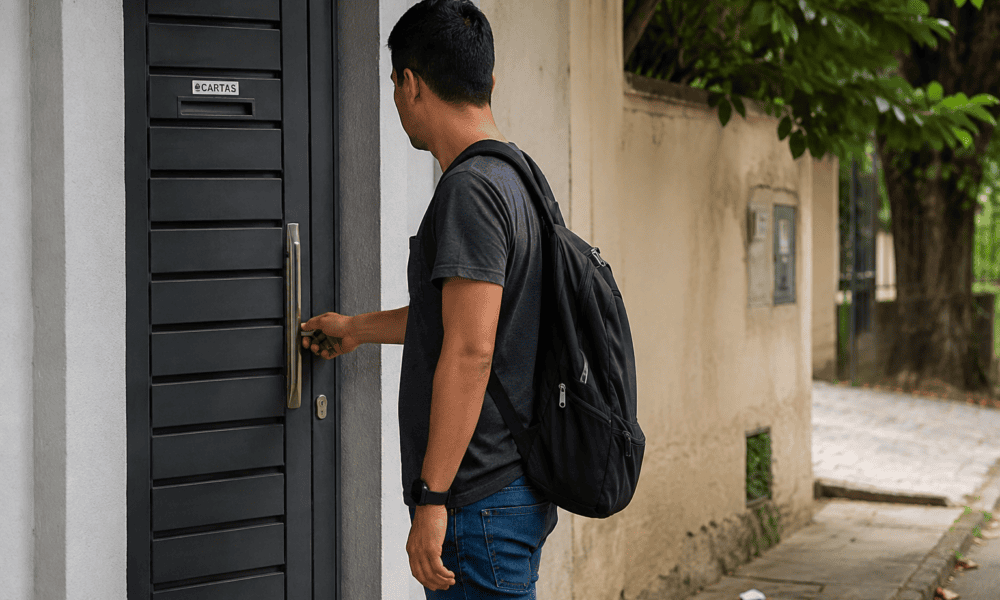 Homem verificando a porta ao sair para trabalhar