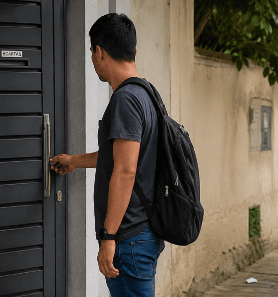 Homem verificando a porta ao sair para trabalhar