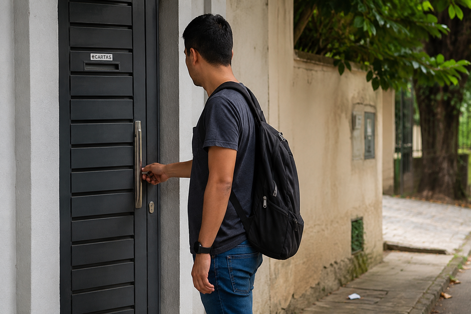 Homem verificando a porta ao sair para trabalhar